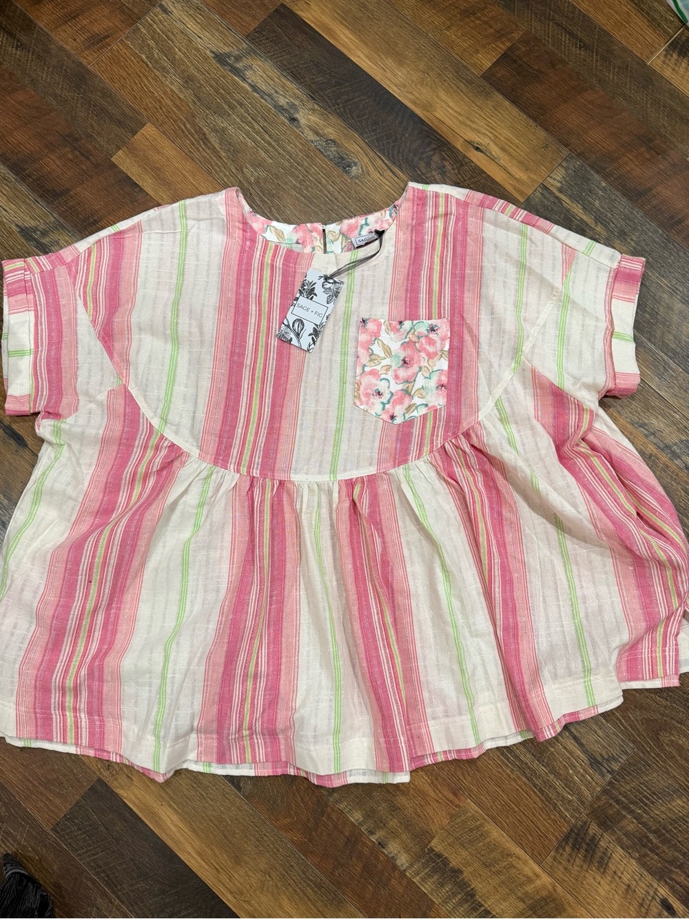 Sage & Fig Pink & Cream Striped Peplum Top with Floral Pocket NWT 3X